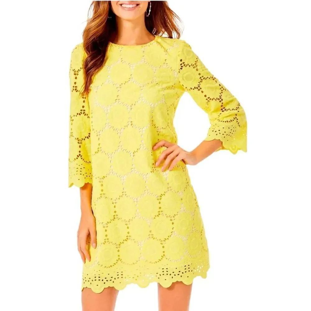 Lilly Pulitzer Mariella Dress Floral Scallop Eyelet Yellow Size 0